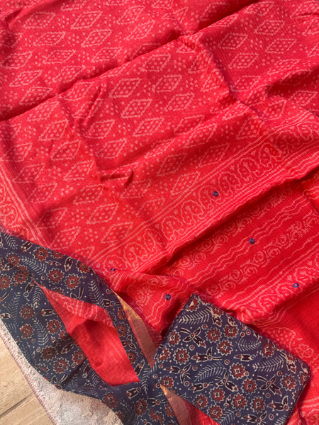 Best Seller - Embroidered pallu & inner side patchwork border- kota doria saree
