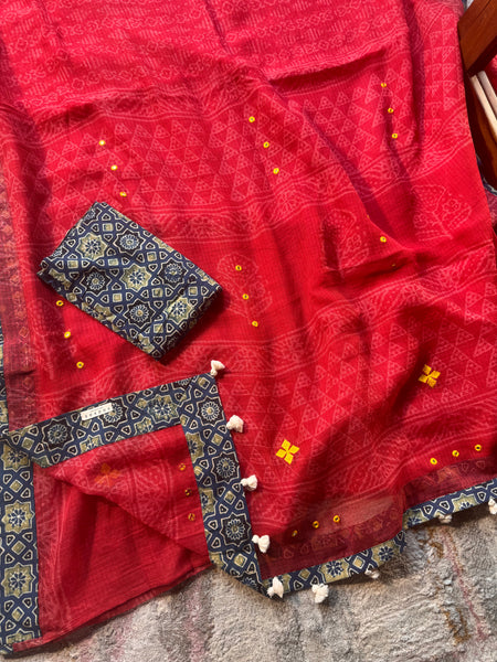 Best Seller - Embroidered pallu & inner side patchwork border- kota doria saree