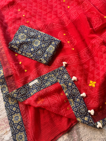Best Seller - Embroidered pallu & inner side patchwork border- kota doria saree