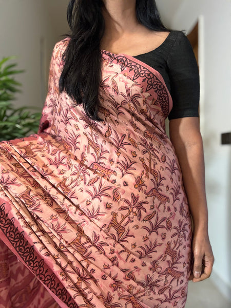 Zohra - Modal Silk Vanaspati handblock printed saree