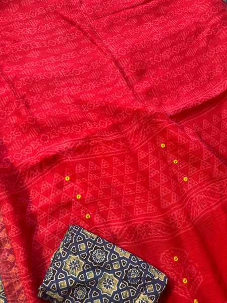 Best Seller - Embroidered pallu & inner side patchwork border- kota doria saree