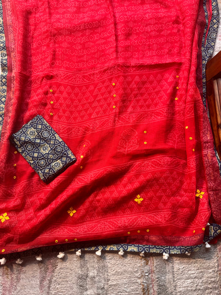 Best Seller - Embroidered pallu & inner side patchwork border- kota doria saree