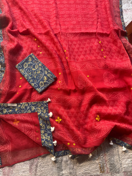 Best Seller - Embroidered pallu & inner side patchwork border- kota doria saree
