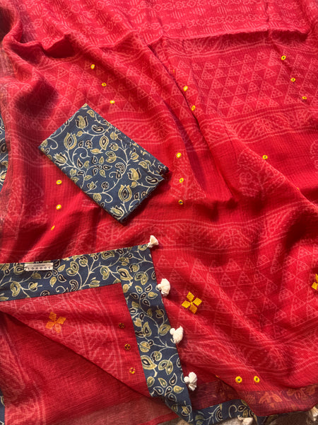 Best Seller - Embroidered pallu & inner side patchwork border- kota doria saree
