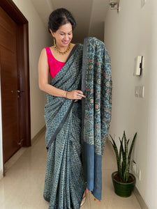 Ajrakh naturally dyed mangalgiri cotton saree with hand embroidery