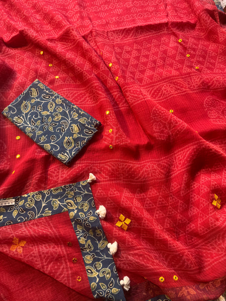 Best Seller - Embroidered pallu & inner side patchwork border- kota doria saree