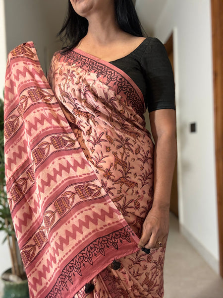 Zohra - Modal Silk Vanaspati handblock printed saree