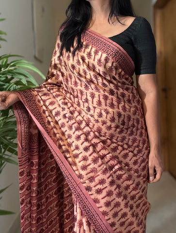 Kumkum - Modal Silk Vanaspati handblock printed saree
