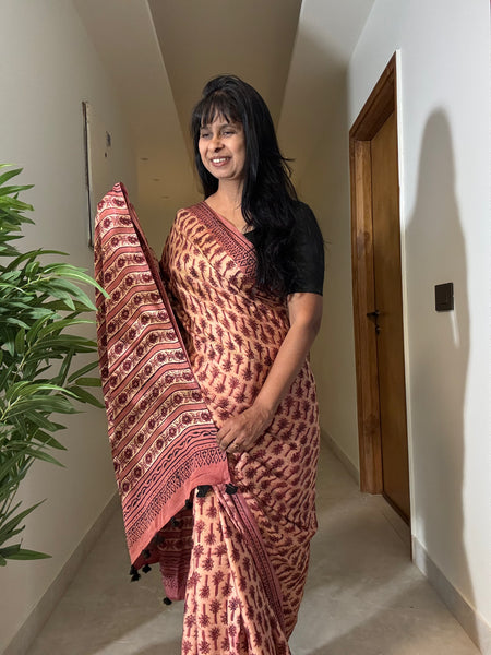 Kumkum - Modal Silk Vanaspati handblock printed saree