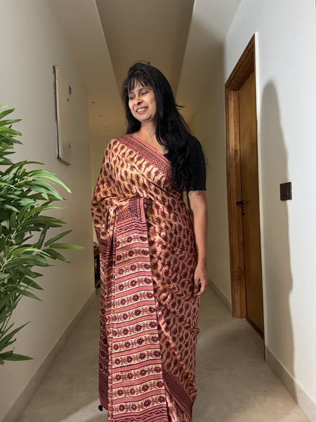 Kumkum - Modal Silk Vanaspati handblock printed saree