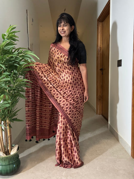 Kumkum - Modal Silk Vanaspati handblock printed saree