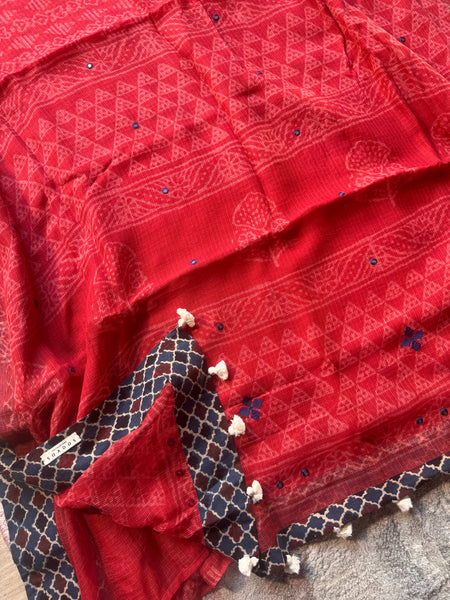 Best Seller - Embroidered pallu & inner side patchwork border- kota doria saree