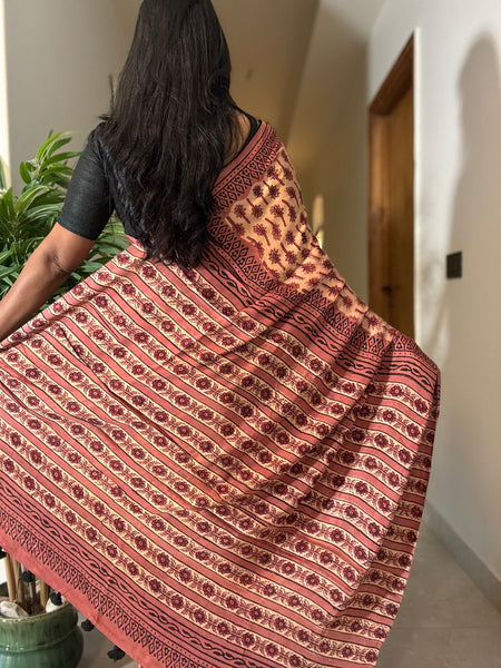 Kumkum - Modal Silk Vanaspati handblock printed saree