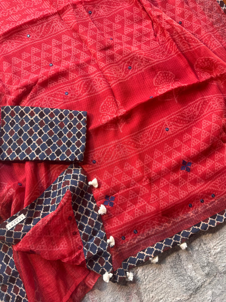 Best Seller - Embroidered pallu & inner side patchwork border- kota doria saree