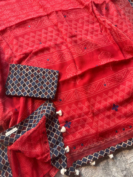 Best Seller - Embroidered pallu & inner side patchwork border- kota doria saree