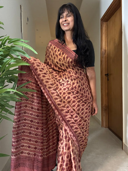 Kumkum - Modal Silk Vanaspati handblock printed saree