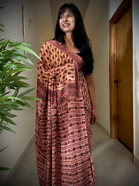 Kumkum - Modal Silk Vanaspati handblock printed saree