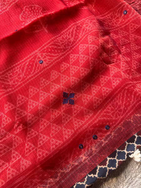 Best Seller - Embroidered pallu & inner side patchwork border- kota doria saree