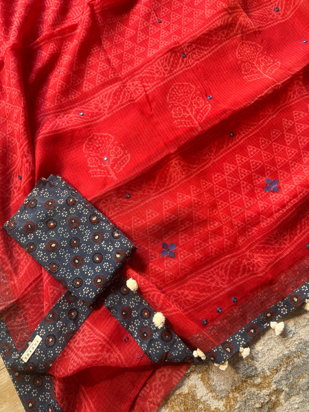 Best Seller - Embroidered pallu & inner side patchwork border- kota doria saree