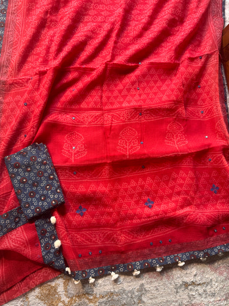 Best Seller - Embroidered pallu & inner side patchwork border- kota doria saree