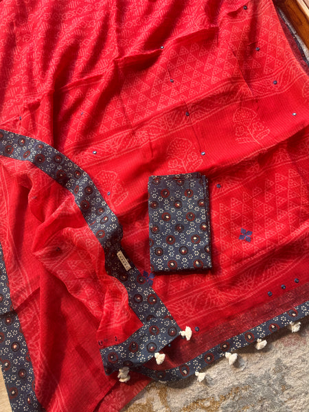 Best Seller - Embroidered pallu & inner side patchwork border- kota doria saree