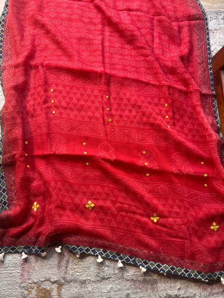 Best Seller - Embroidered pallu & inner side patchwork border- kota doria saree