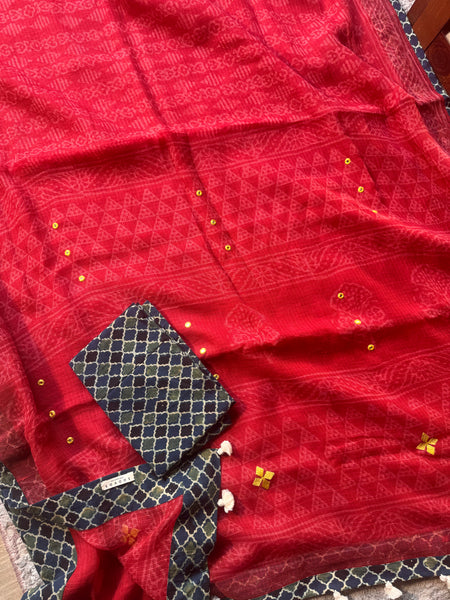 Best Seller - Embroidered pallu & inner side patchwork border- kota doria saree