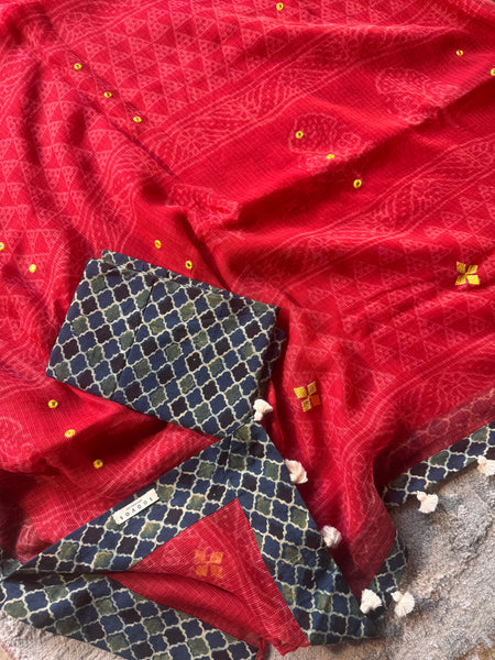 Best Seller - Embroidered pallu & inner side patchwork border- kota doria saree