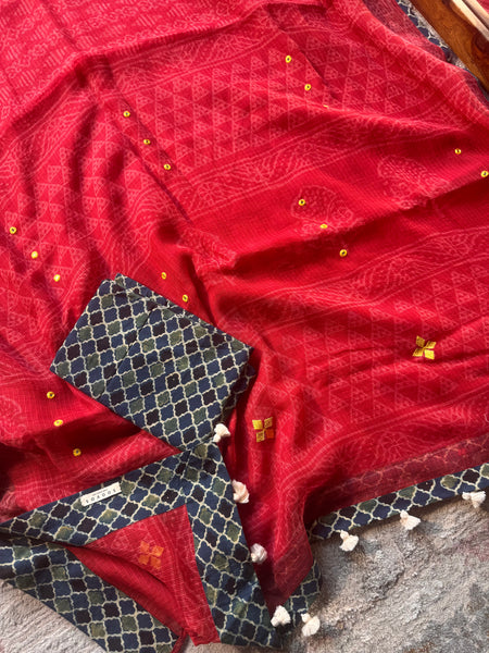 Best Seller - Embroidered pallu & inner side patchwork border- kota doria saree