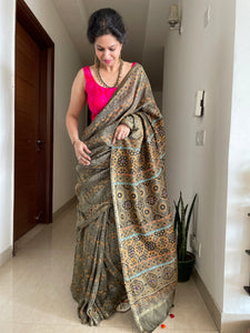 Ajrakh naturally dyed cotton silk saree with hand embroidery