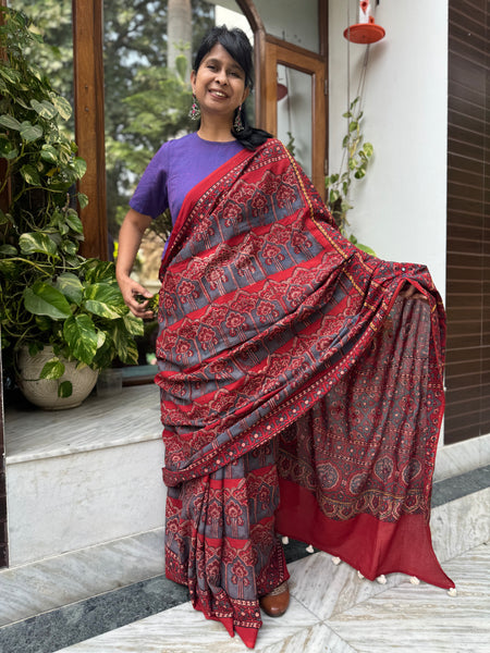 Desert Geometry- Ajrakh Hand Embroidered Cotton Saree - Naturally Dyed