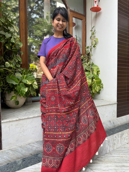 Desert Geometry- Ajrakh Hand Embroidered Cotton Saree - Naturally Dyed