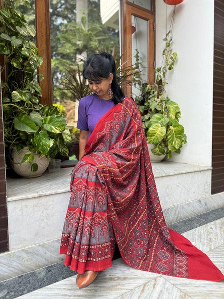 Desert Geometry- Ajrakh Hand Embroidered Cotton Saree - Naturally Dyed
