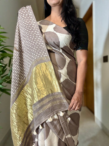 vasundhra - Modal Silk hand handblock printed saree with zari pallu