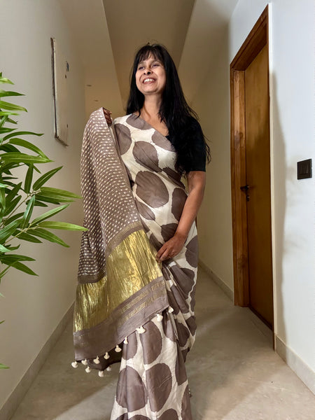 vasundhra - Modal Silk hand handblock printed saree with zari pallu