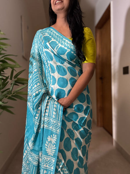 Khwaab - Modal Silk hand handblock printed saree with zari pallu