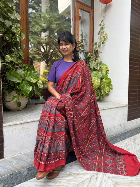 Desert Geometry- Ajrakh Hand Embroidered Cotton Saree - Naturally Dyed