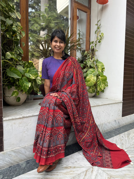 Desert Geometry- Ajrakh Hand Embroidered Cotton Saree - Naturally Dyed