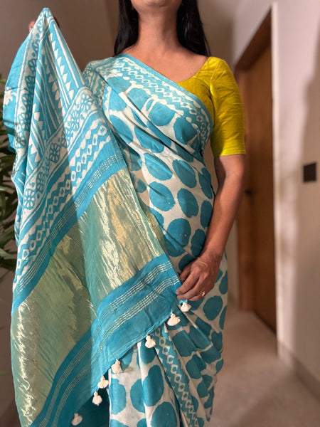 Khwaab - Modal Silk hand handblock printed saree with zari pallu