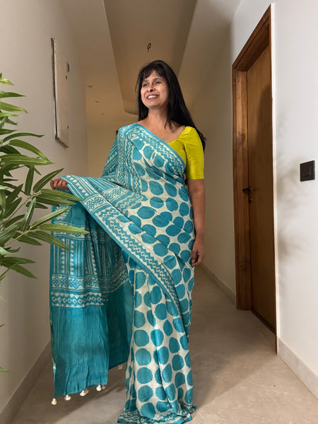 Khwaab - Modal Silk hand handblock printed saree with zari pallu