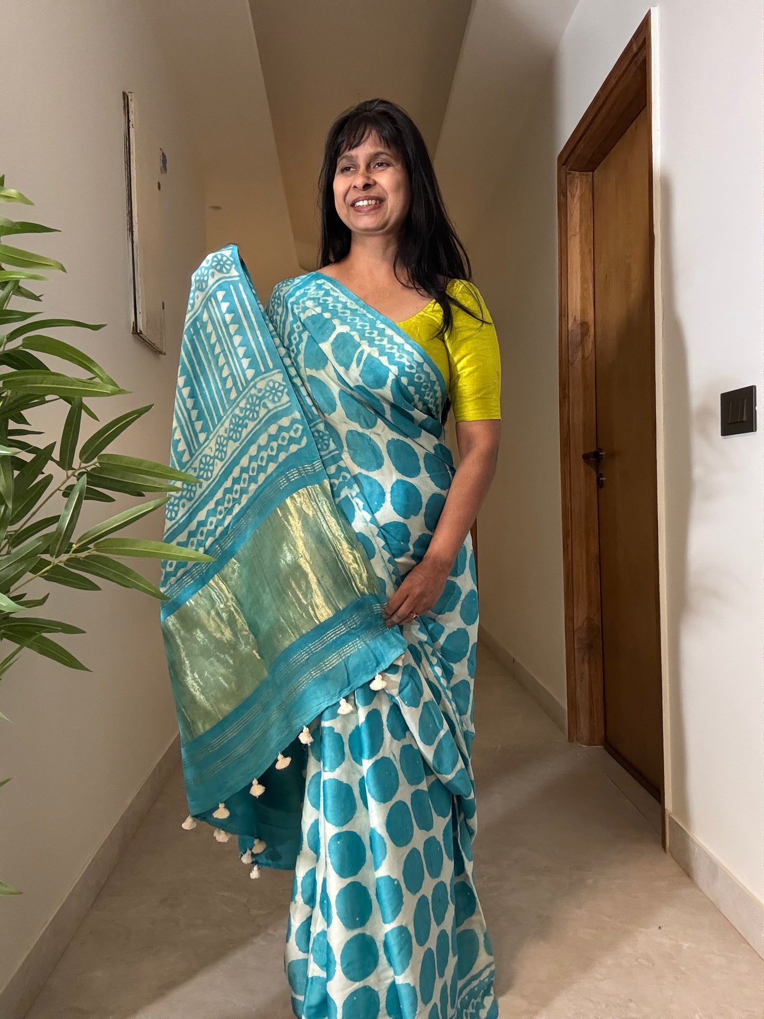 Khwaab - Modal Silk hand handblock printed saree with zari pallu