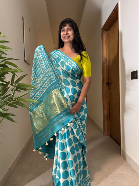 Khwaab - Modal Silk hand handblock printed saree with zari pallu