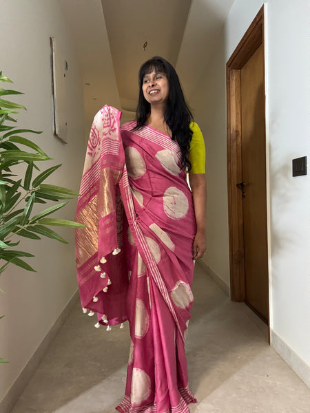 Ghazal - Modal Silk hand handblock printed saree with zari pallu