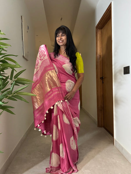 Ghazal - Modal Silk hand handblock printed saree with zari pallu