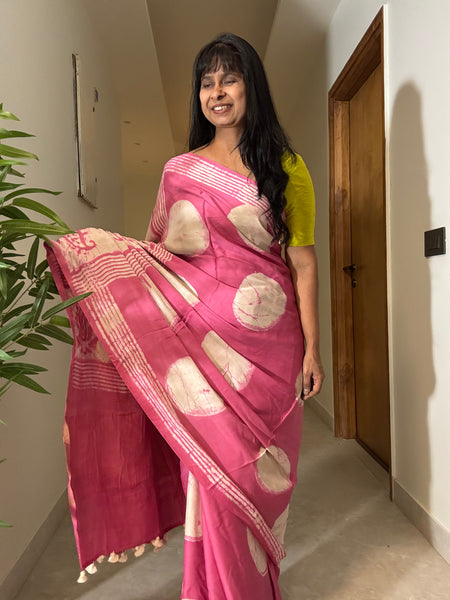 Ghazal - Modal Silk hand handblock printed saree with zari pallu