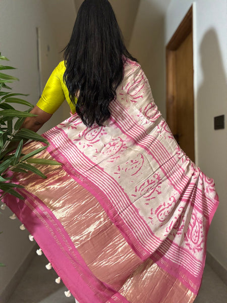 Ghazal - Modal Silk hand handblock printed saree with zari pallu