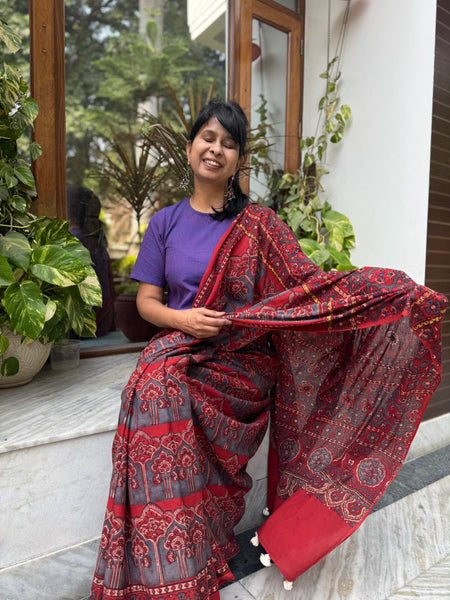 Desert Geometry- Ajrakh Hand Embroidered Cotton Saree - Naturally Dyed
