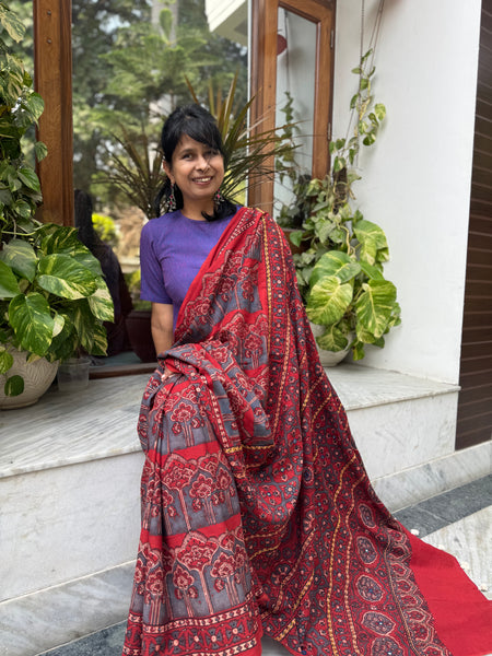 Desert Geometry- Ajrakh Hand Embroidered Cotton Saree - Naturally Dyed
