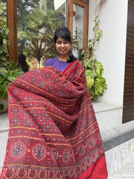 Desert Geometry- Ajrakh Hand Embroidered Cotton Saree - Naturally Dyed