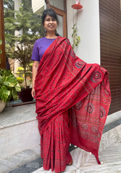 Desert Geometry- Ajrakh Hand Embroidered Cotton Saree - Naturally Dyed